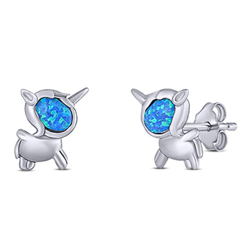 Unicorn Stud Earring Created Blue Opal Solid 925 Sterling Silver (9.8mm)